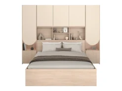 Cama com espaços de arrumação 140 x 190 cm com arrumação e LEDs bege e natural + estrado + colchão - DOMELITO