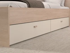 Cama com espaços de arrumação 140 x 190 cm com arrumação e LEDs bege e natural + estrado + colchão - DOMELITO