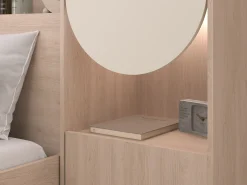 Cama com espaços de arrumação 140 x 190 cm com arrumação e LEDs bege e natural + estrado + colchão - DOMELITO