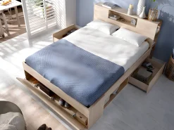 Cama com espaços de arrumação 160 x 200 cm cor natural + sommier - LEANDRE