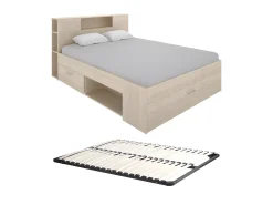 Cama com espaços de arrumação 160 x 200 cm cor natural + sommier - LEANDRE