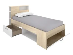 Cama com espaços de arrumação 90 x 190 cm cor branco e natural com colchão. LEANDRE