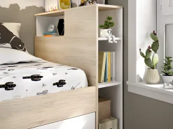 Cama com espaços de arrumação 90 x 190 cm cor branco e natural com colchão. LEANDRE