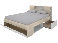 Cama com espaços de arrumação 140 x 190 cm cor natural e branco + sommier - LEANDRE