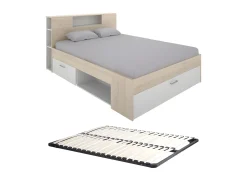 Cama com espaços de arrumação 140 x 190 cm cor natural e branco + sommier - LEANDRE
