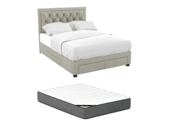 Cama com gavetas de tecido veludo bege 140 x 190 cm + colchão LEOPOLD