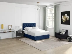 Cama com gavetas de veludo azul 160 x 200 cm + colchão LEOPOLD