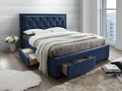 Cama com gavetas de veludo azul 160 x 200 cm + colchão LEOPOLD