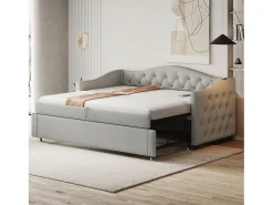 Cama com gavetas em linho 90x200cm e 90x190cm - com porta USB e base de ripas - Cinza