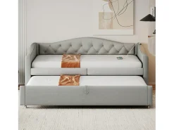Cama com gavetas em linho 90x200cm e 90x190cm - com porta USB e base de ripas - Cinza