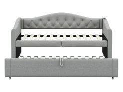 Cama com gavetas em linho 90x200cm e 90x190cm - com porta USB e base de ripas - Cinza