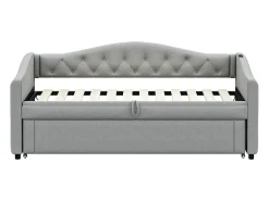 Cama com gavetas em linho 90x200cm e 90x190cm - com porta USB e base de ripas - Cinza