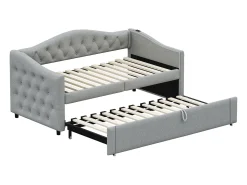 Cama com gavetas em linho 90x200cm e 90x190cm - com porta USB e base de ripas - Cinza
