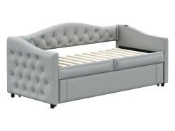 Cama com gavetas em linho 90x200cm e 90x190cm - com porta USB e base de ripas - Cinza