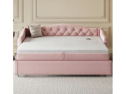 Cama com gavetas em linho 90x200cm e 90x190cm - com porta USB e base de ripas - Rosa
