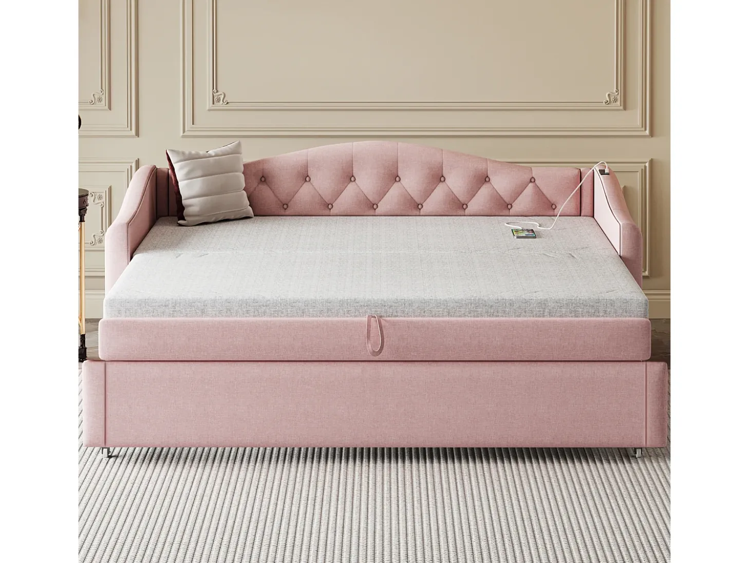 Cama com gavetas em linho 90x200cm e 90x190cm - com porta USB e base de ripas - Rosa