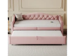 Cama com gavetas em linho 90x200cm e 90x190cm - com porta USB e base de ripas - Rosa