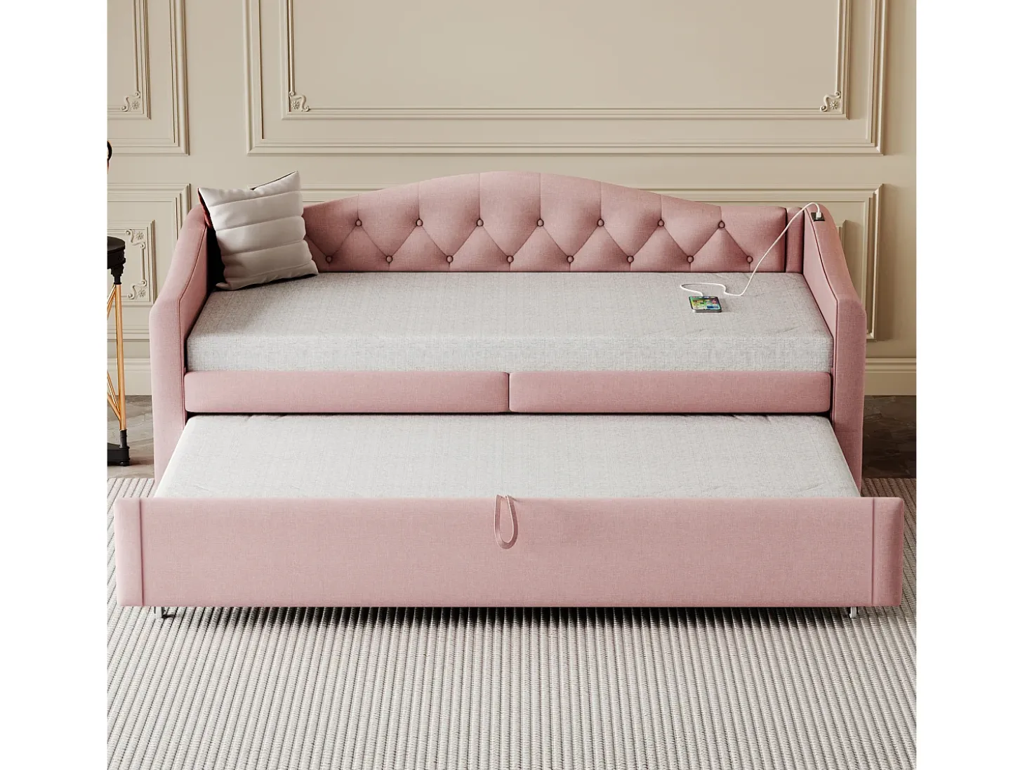 Cama com gavetas em linho 90x200cm e 90x190cm - com porta USB e base de ripas - Rosa