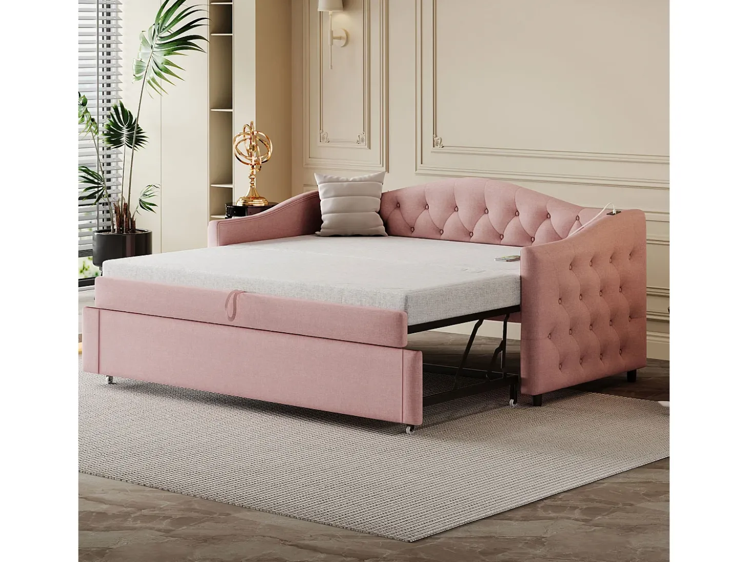 Cama com gavetas em linho 90x200cm e 90x190cm - com porta USB e base de ripas - Rosa