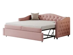 Cama com gavetas em linho 90x200cm e 90x190cm - com porta USB e base de ripas - Rosa
