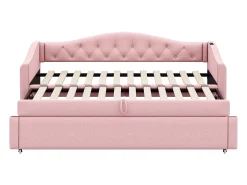 Cama com gavetas em linho 90x200cm e 90x190cm - com porta USB e base de ripas - Rosa