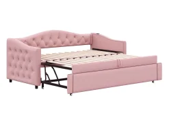 Cama com gavetas em linho 90x200cm e 90x190cm - com porta USB e base de ripas - Rosa