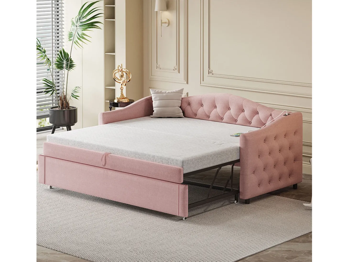 Cama com gavetas em linho 90x200cm e 90x190cm - com porta USB e base de ripas - Rosa