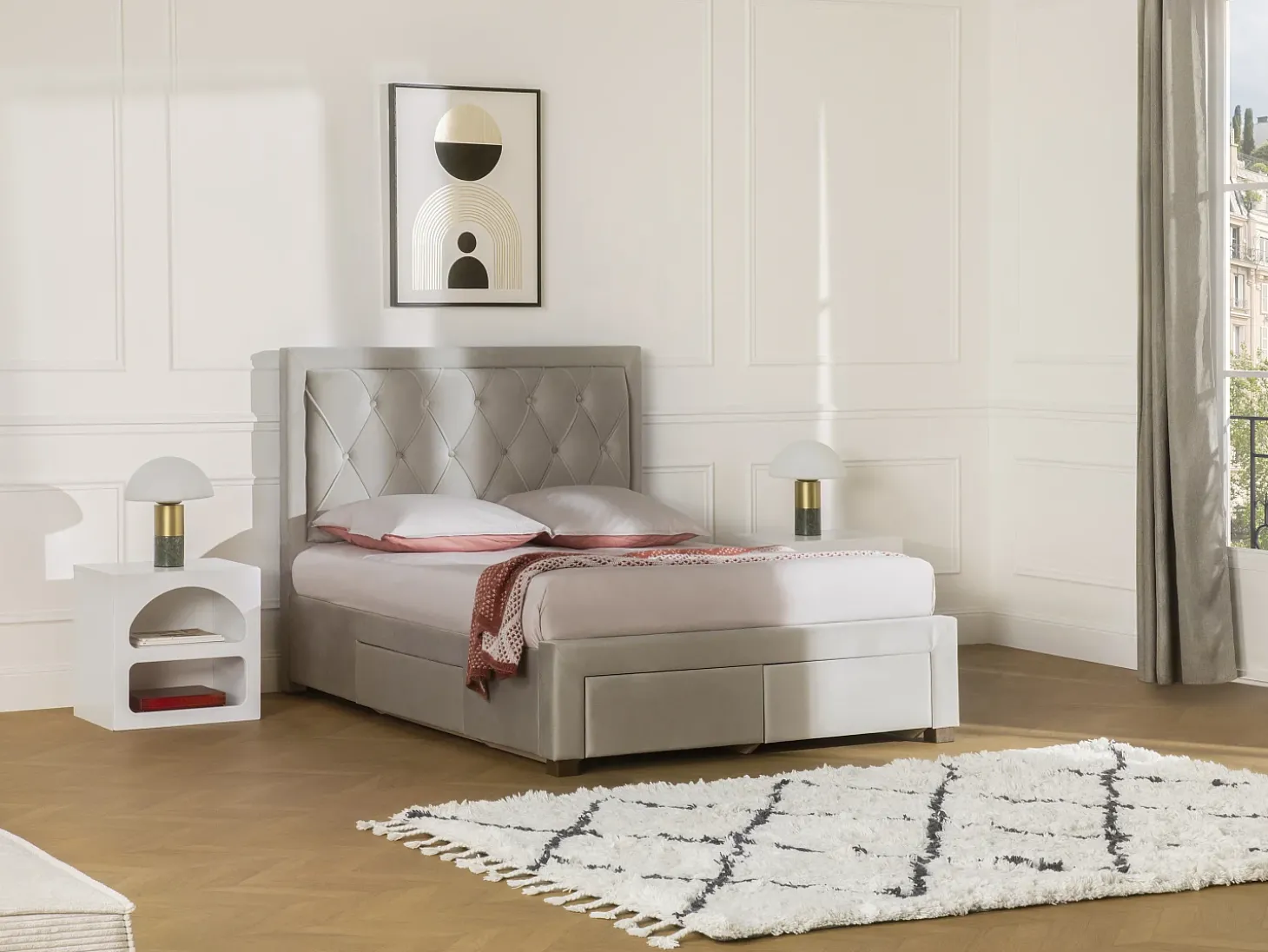 Cama com gavetas LEOPOLD - Veludo bege - 140x190cm