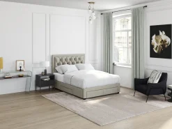 Cama com gavetas LEOPOLD - Veludo bege - 140x190cm