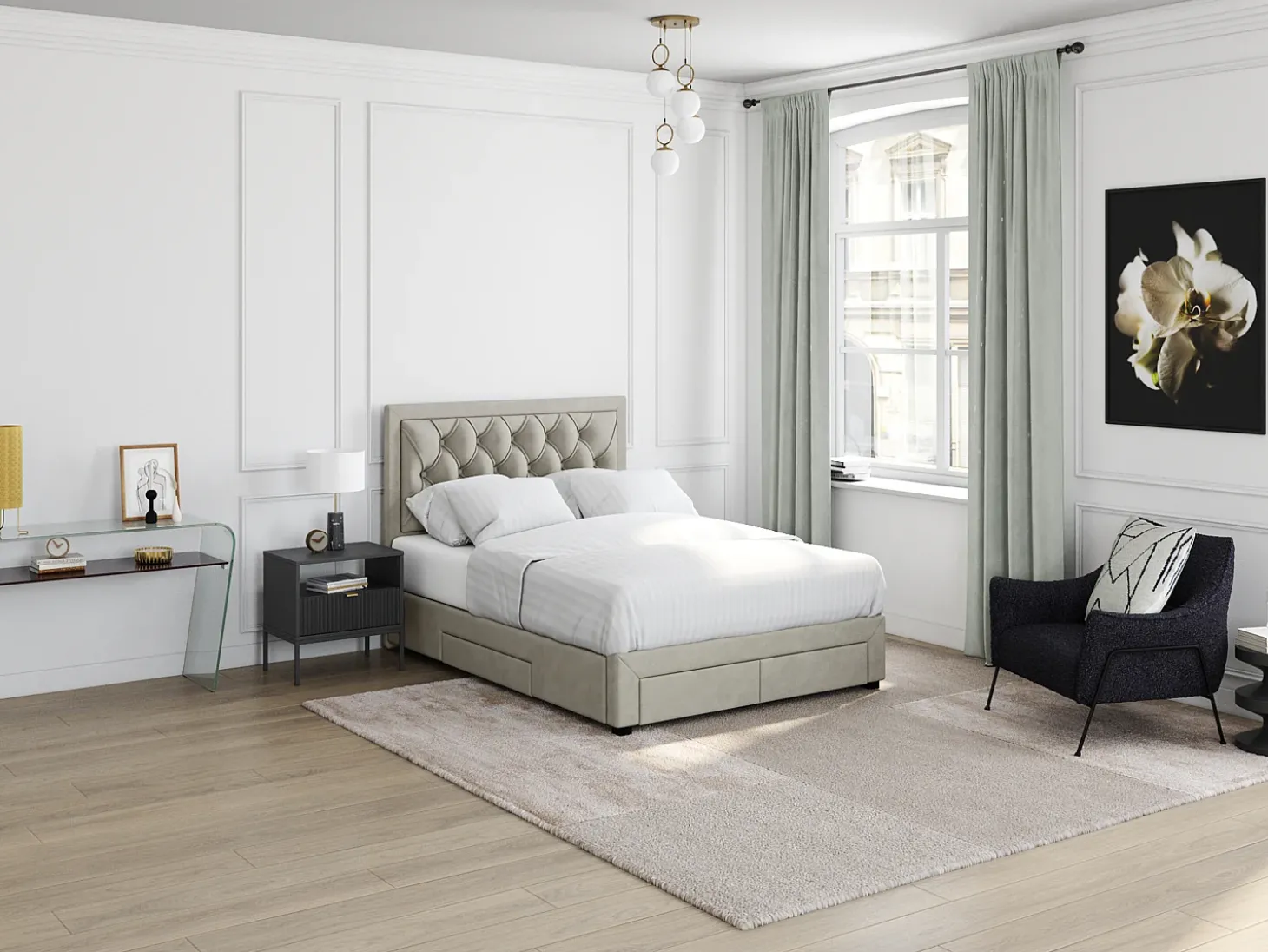 Cama com gavetas LEOPOLD - Veludo bege - 140x190cm