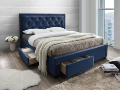 Cama com gavetas LEOPOLD - Veludo em azul noite - 160x200cm