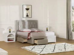 Cama com gavetas tecido veludo bege 180 x 200 cm + colchão LEOPOLD
