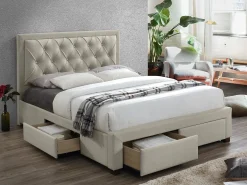Cama com gavetas tecido veludo bege 180 x 200 cm + colchão LEOPOLD