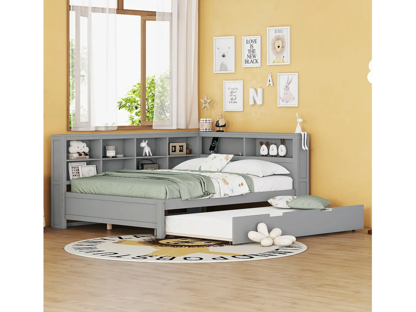 Cama com gavetão 140 x 200 cm + 90 x 190 cm com tomada USB e armazenamento - madeira maciça - cinza