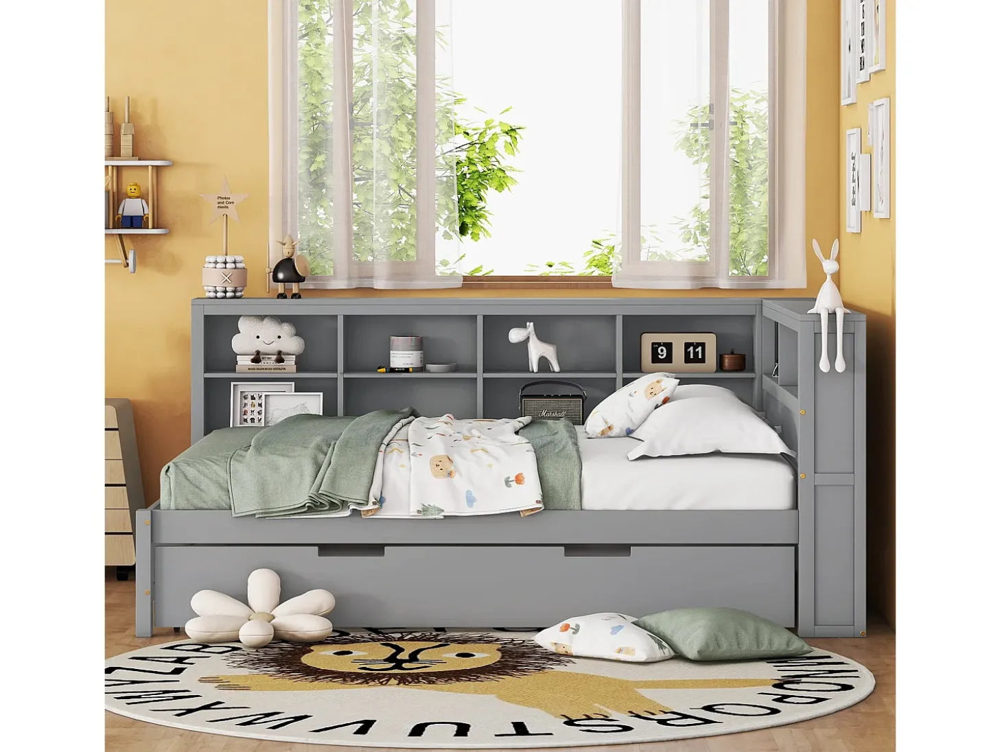 Cama com gavetão 140 x 200 cm + 90 x 190 cm com tomada USB e armazenamento - madeira maciça - cinza