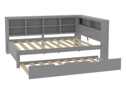 Cama com gavetão 140 x 200 cm + 90 x 190 cm com tomada USB e armazenamento - madeira maciça - cinza