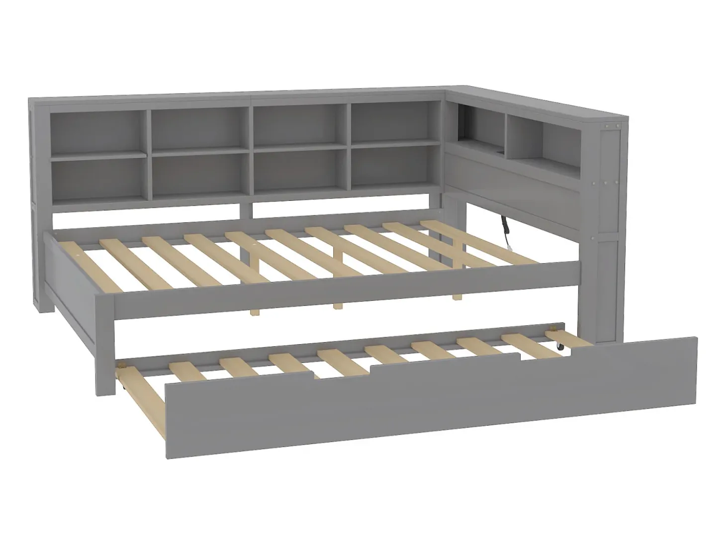 Cama com gavetão 140 x 200 cm + 90 x 190 cm com tomada USB e armazenamento - madeira maciça - cinza