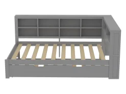 Cama com gavetão 140 x 200 cm + 90 x 190 cm com tomada USB e armazenamento - madeira maciça - cinza