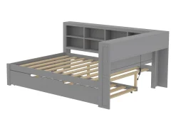 Cama com gavetão 140 x 200 cm + 90 x 190 cm com tomada USB e armazenamento - madeira maciça - cinza