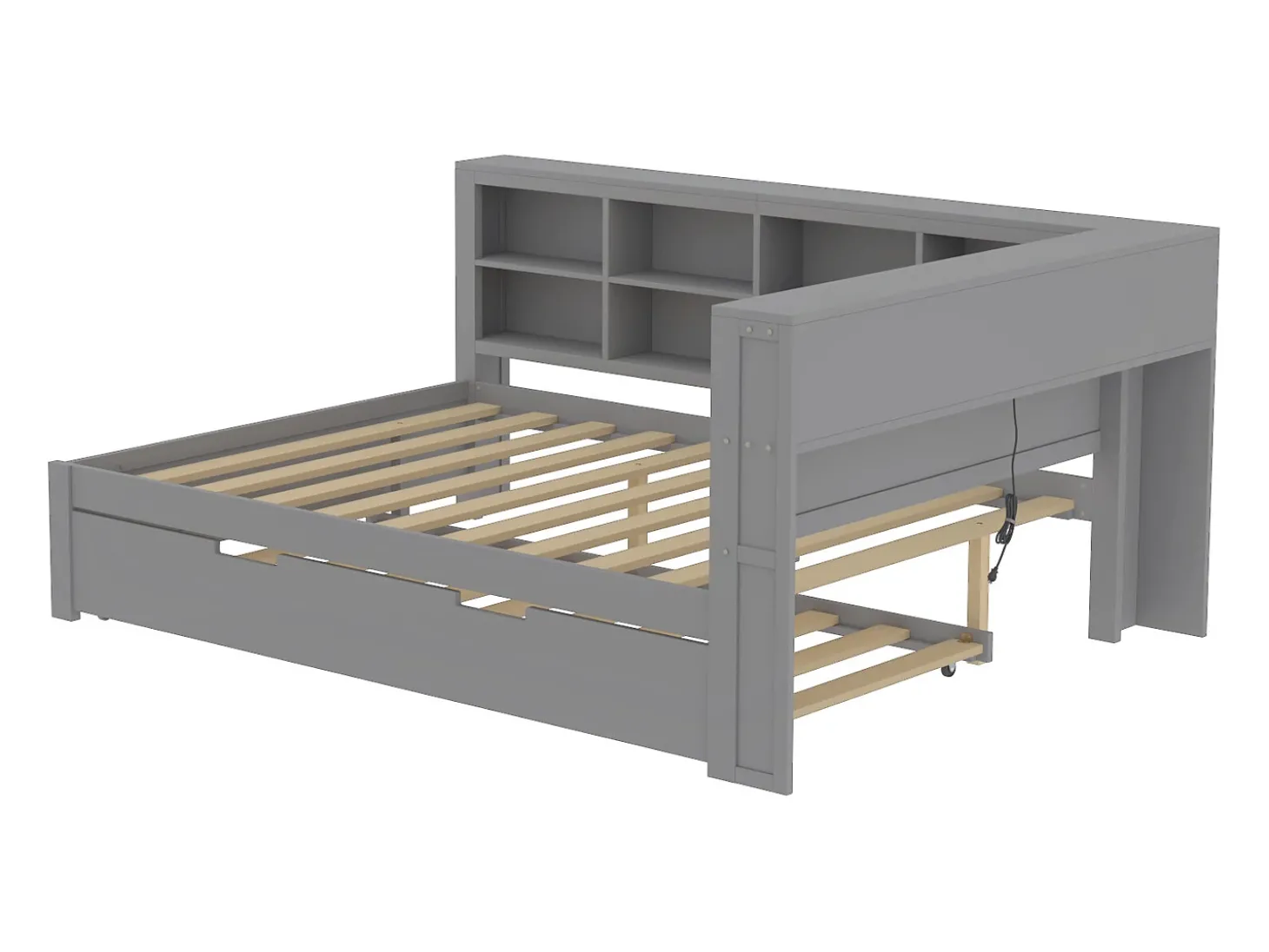 Cama com gavetão 140 x 200 cm + 90 x 190 cm com tomada USB e armazenamento - madeira maciça - cinza