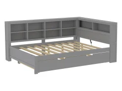 Cama com gavetão 140 x 200 cm + 90 x 190 cm com tomada USB e armazenamento - madeira maciça - cinza