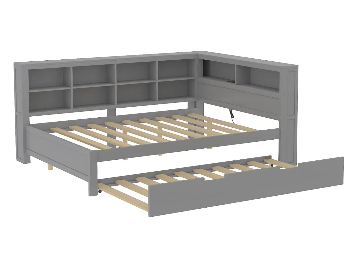 Cama com gavetão 140 x 200 cm + 90 x 190 cm com tomada USB e armazenamento - madeira maciça - cinza