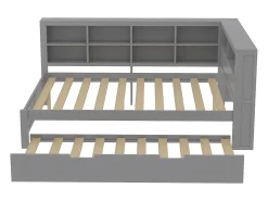 Cama com gavetão 140 x 200 cm + 90 x 190 cm com tomada USB e estante - Madeira maciça - Cinza (sem colchão)