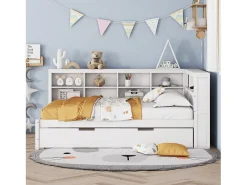 Cama com gavetão 140 x 200 cm + 90 x 190 cm com tomada USB e estante - Madeira maciça - Branco (sem colchão)