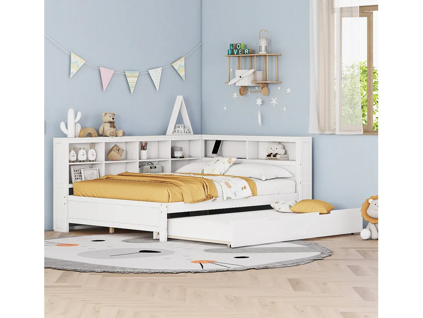 Cama com gavetão 140 x 200 cm + 90 x 190 cm com tomada USB e estante - Madeira maciça - Branco (sem colchão)