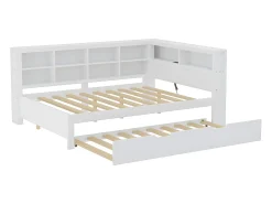 Cama com gavetão 140 x 200 cm + 90 x 190 cm com tomada USB e estante - Madeira maciça - Branco (sem colchão)