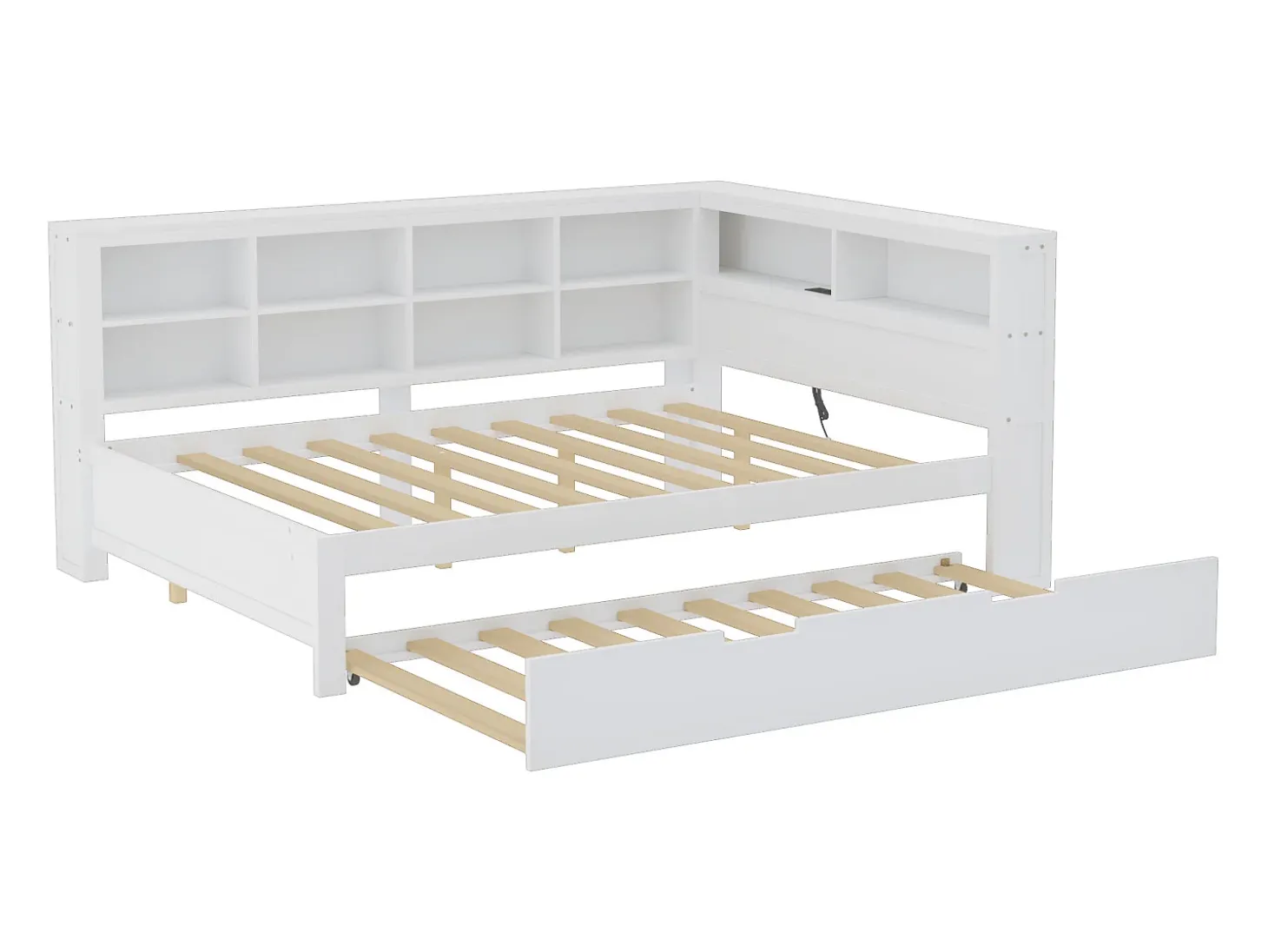 Cama com gavetão 140 x 200 cm + 90 x 190 cm com tomada USB e estante - Madeira maciça - Branco (sem colchão)