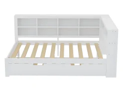 Cama com gavetão 140 x 200 cm + 90 x 190 cm com tomada USB e estante - Madeira maciça - Branco (sem colchão)