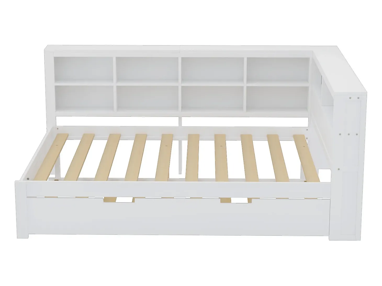Cama com gavetão 140 x 200 cm + 90 x 190 cm com tomada USB e estante - Madeira maciça - Branco (sem colchão)