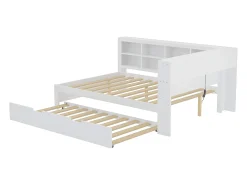 Cama com gavetão 140 x 200 cm + 90 x 190 cm com tomada USB e estante - Madeira maciça - Branco (sem colchão)